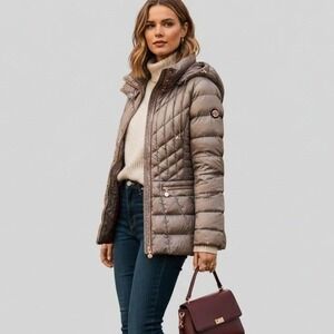 BERNARDO Primaloft Quilted Puffer Jacket Women's Small Taupe‎ Zip Hooded Coat